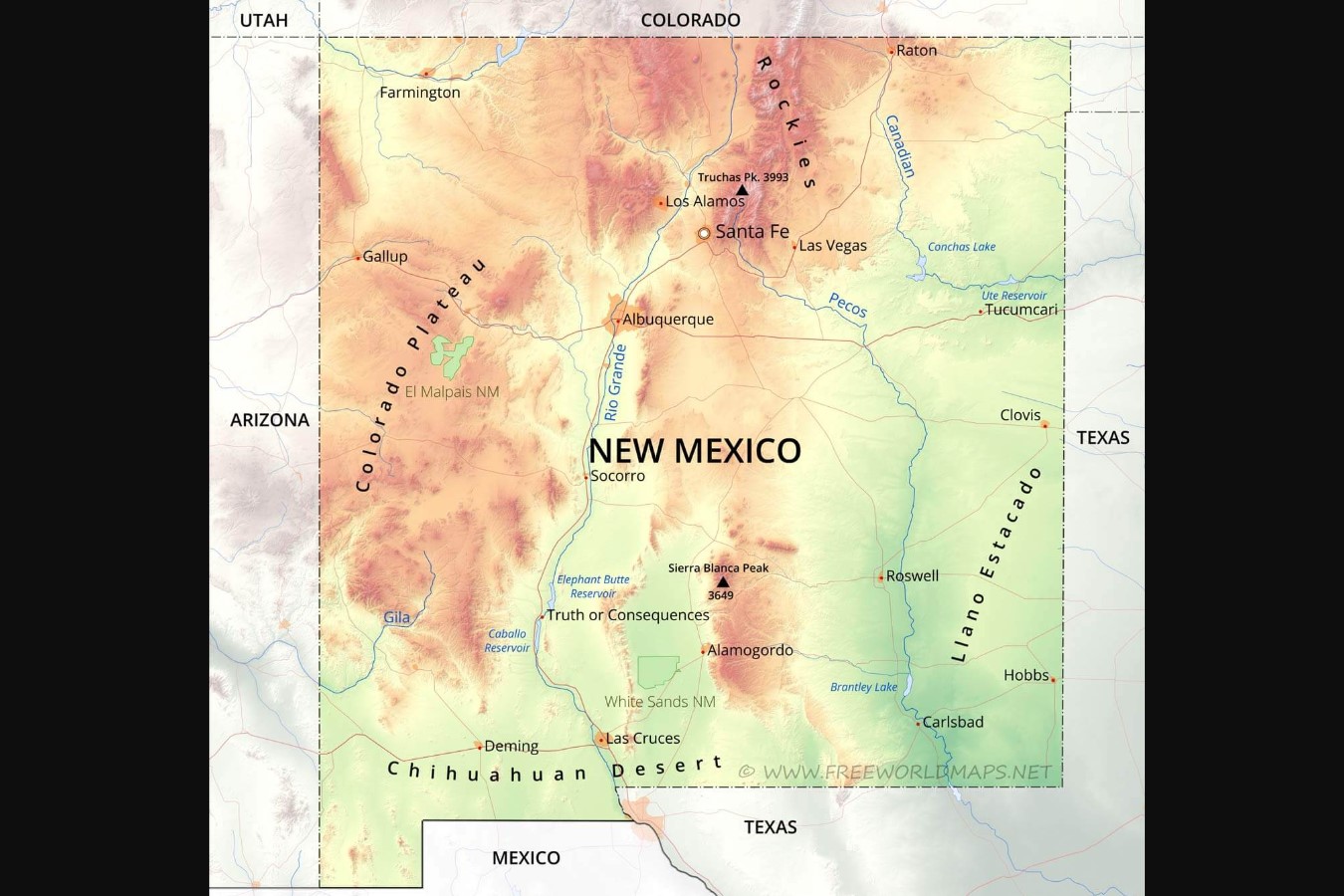 Physical map of New Mexico